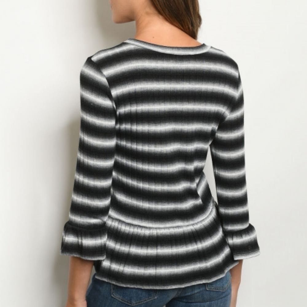 Striped Babydoll Peplum Top Black Gray 3/4 Sleeve Fit Flare Blouse S NWT - Picture 5 of 8